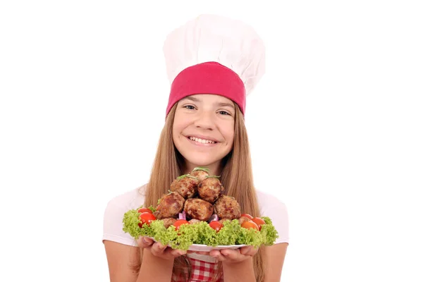 Happy Little Girl Cook Meatballs — Stock Photo, Image