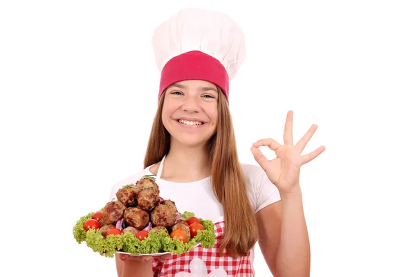 Bela Menina Feliz Cozinhar Com Almôndegas Sinal Mão — Fotografia de Stock