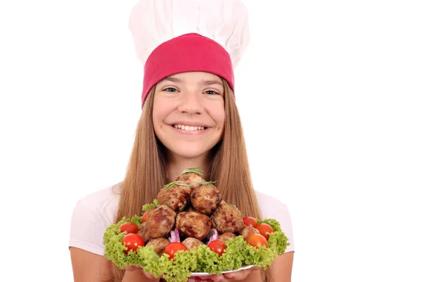 Hermosa Chica Sonriente Cocinero Con Albóndigas —  Fotos de Stock