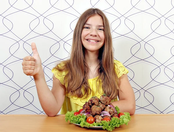 Menina Sorridente Feliz Com Almôndegas Polegar Para Cima — Fotografia de Stock