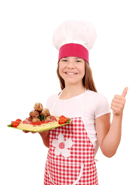 Menina Feliz Cozinhar Com Espaguete Almôndegas Polegar Para Cima — Fotografia de Stock