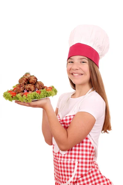 Όμορφο Ευτυχισμένο Κορίτσι Μάγειρας Κεφτεδάκια — Φωτογραφία Αρχείου