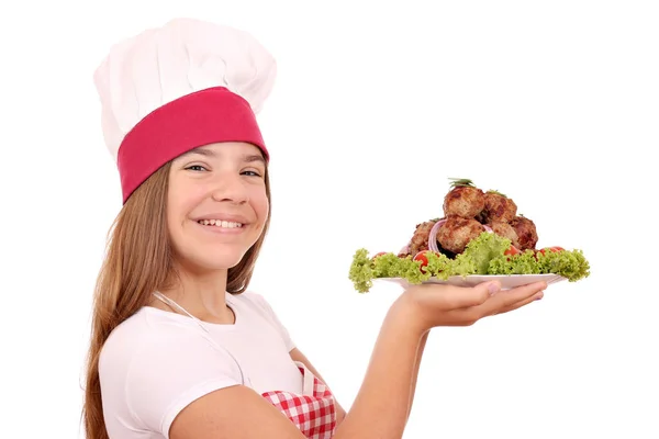 Beautiful Happy Little Girl Cook Meatballs Plate — Stock Photo, Image