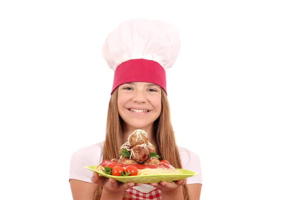 Gelukkig Klein Meisje Koken Met Spaghetti Gehaktballen — Stockfoto