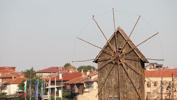 Oude Houten Windmolen Nessebar Bulgarije — Stockvideo