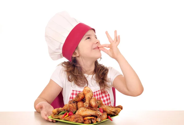 Happy Little Girl Cook Chicken Drumstick Hand Sign — Stock Photo, Image