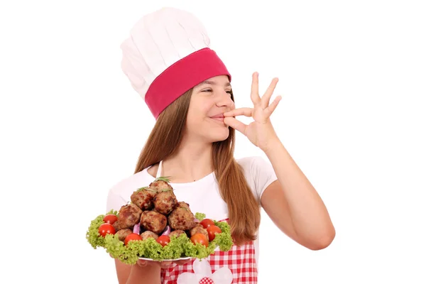 Menina Feliz Cozinhar Com Almôndegas Placa Sinal Mão — Fotografia de Stock