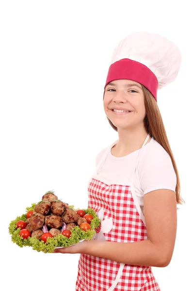 Menina Feliz Cozinhar Com Almôndegas Prato — Fotografia de Stock