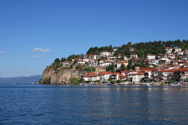 Ohri Gölü ve eski şehir cityscape Makedonya 