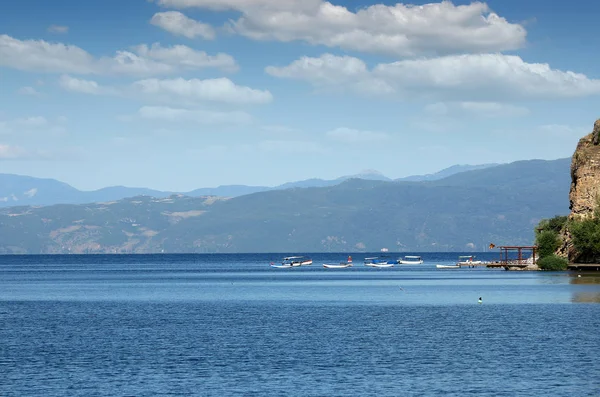 Bateaux Sur Lac Ohrid Paysage Macédoine — Photo