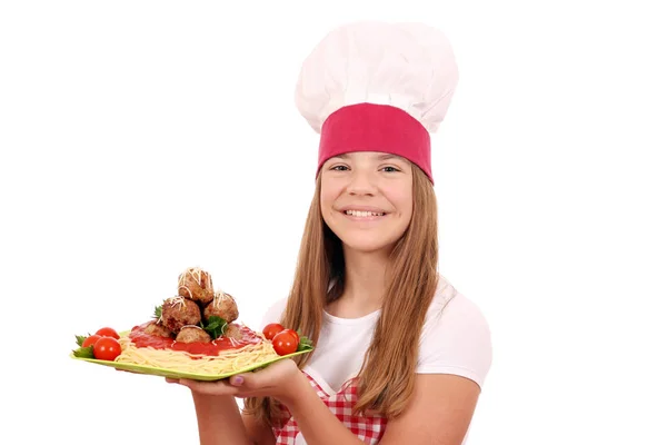 Ευτυχισμένος Κορίτσι Μάγειρας Μακαρόνια Και Κεφτέδες Στο Πιάτο — Φωτογραφία Αρχείου