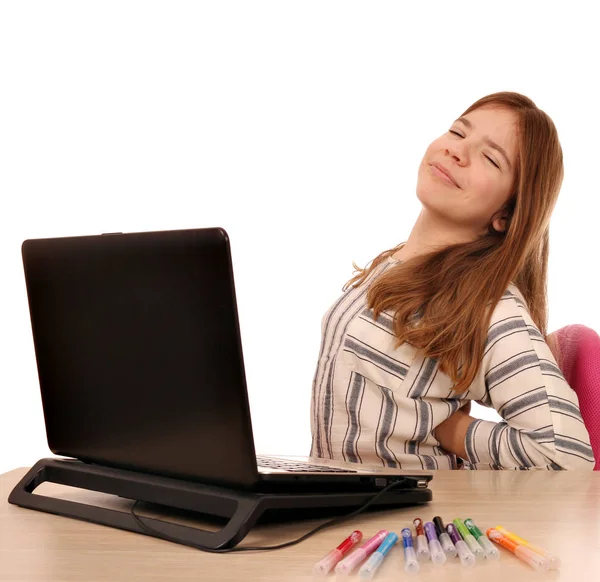 Little Girl Tired Has Back Pain While Using Laptop — Stock Photo, Image