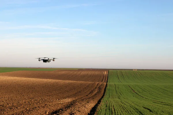 Die Drohne Fliegt Über Das Gepflügte Feld — Stockfoto