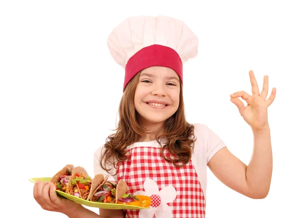 Menina Cozinheiro Com Tacos Sinal Mão Fotografia De Stock