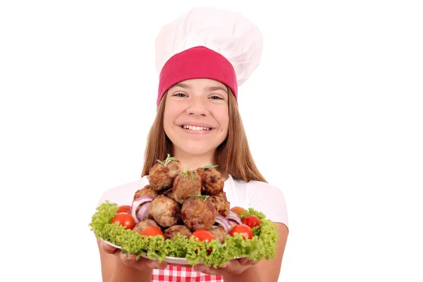 Menina Sorridente Feliz Cozinhar Com Almôndegas — Fotografia de Stock