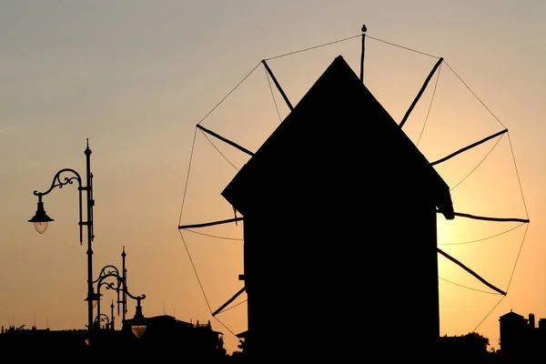 Old Windmill Street Lights Sunset Nessebar Bulgaria — Stock Photo, Image