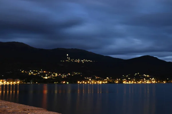 Lago Ohrid Luce Della Città Notte — Foto Stock