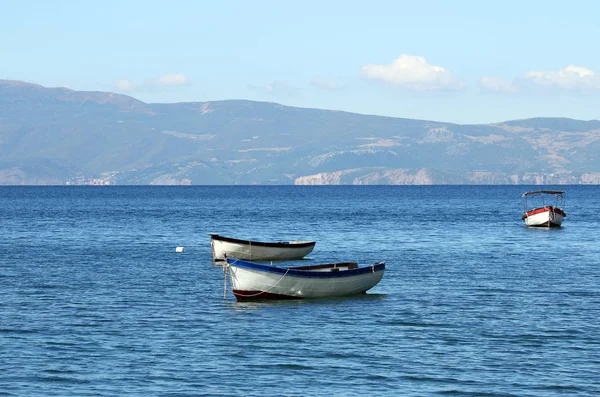 Small Fishing Boats Lake Ohrid Landscape — Stock Photo, Image