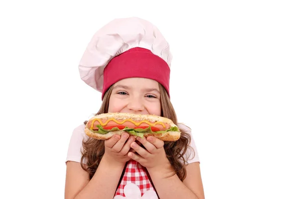 Beautiful Happy Little Girl Cook Hot Dog Fast Food — Stock Photo, Image