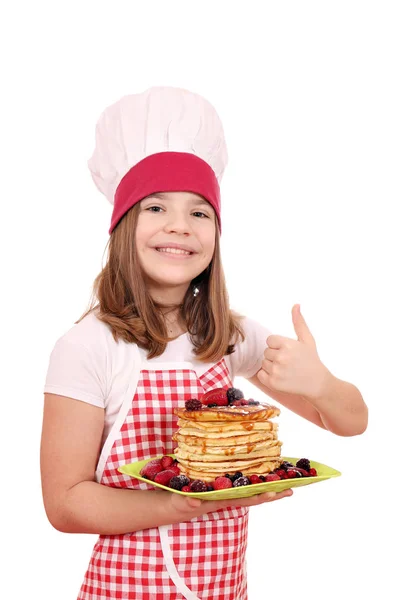 Heureux Belle Petite Fille Cuisinier Avec Des Pancakes Américains Pouce — Photo