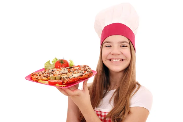 Chica Feliz Cocinero Con Sándwich Plato —  Fotos de Stock