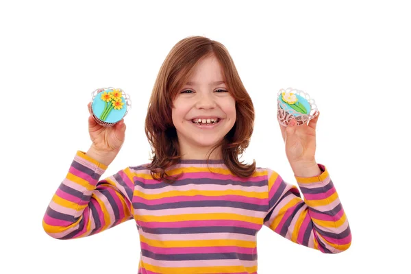 Niña Feliz Con Cupcakes Decorados Como Flores Primavera —  Fotos de Stock