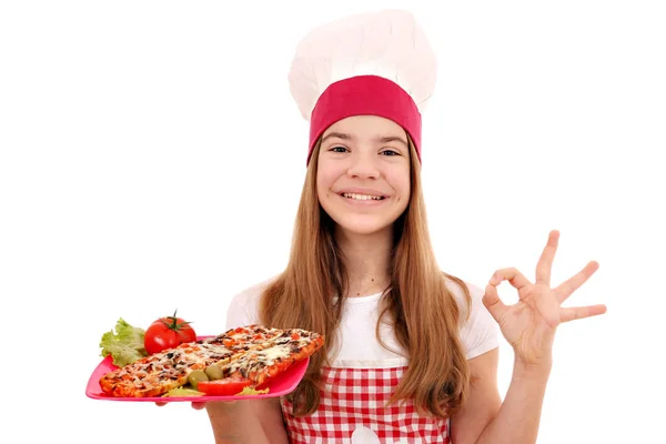 Menina Feliz Cozinheiro Com Sanduíches Placa Sinal Mão — Fotografia de Stock
