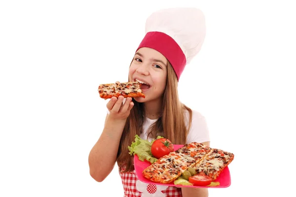 饥饿的女孩厨师吃三明治 — 图库照片