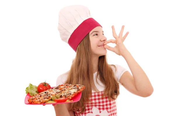 Menina cozinheiro com sanduíches e ok sinal de mão — Fotografia de Stock