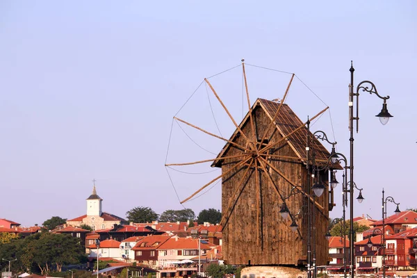 Wooden windmill and old town  Nessebar cityscape Bulgaria — Stock Photo, Image