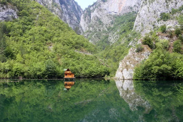 Ξύλινο σπίτι στο πράσινο ποτάμι Drina το καλοκαίρι — Φωτογραφία Αρχείου