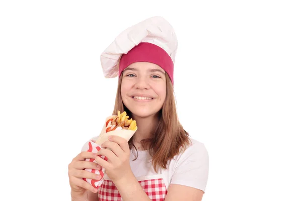 Girl cook with gyros pita fast food — Stock Photo, Image