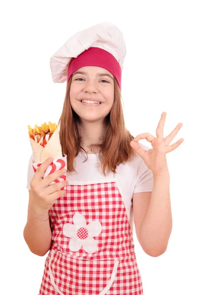 Gelukkig meisje Cook met Gyros Fast Food en OK hand teken — Stockfoto