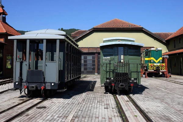 Železniční stanice se starou lokomotivou a vozy — Stock fotografie