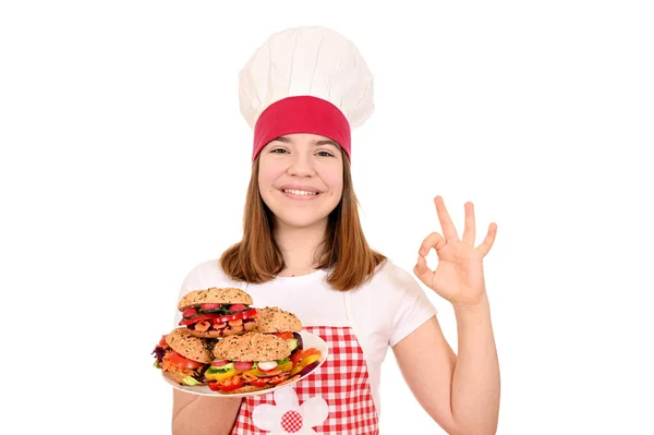 Cocinera Femenina Con Sándwiches Veganos Signo Mano —  Fotos de Stock