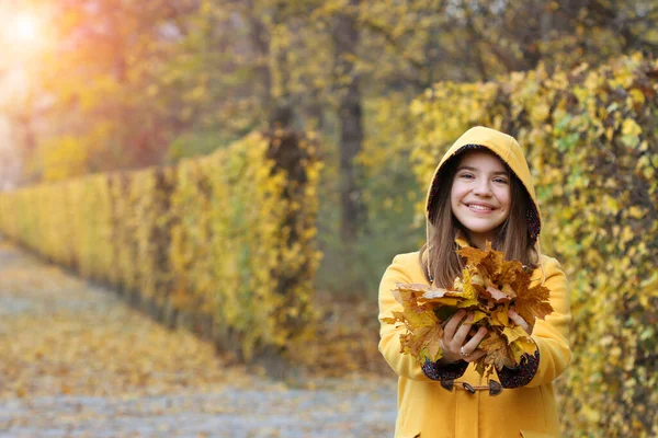 Adolescente Abrigo Amarillo Con Capucha Sostiene Las Hojas Sus Manos — Foto de Stock