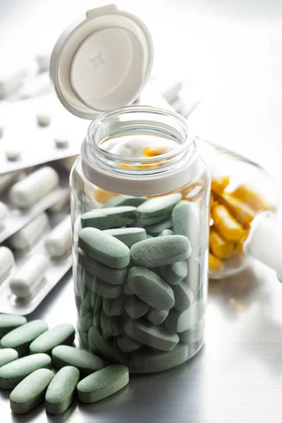 Pills Glass Container Other Medicines Background — Stock Photo, Image