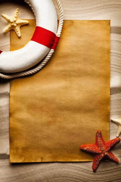 Summer Beach Background Handmade Paper Sheet Lifebuoy Starfish Sand — Stock Photo, Image