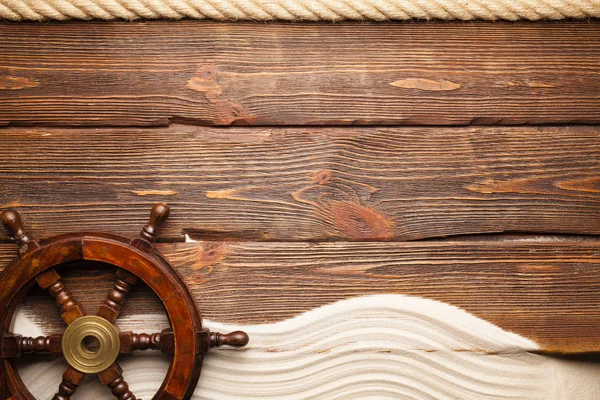 Marine Symbols Hawser Ship Steering Wheel Beach Sand Wooden Background — Stock Photo, Image