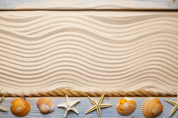 Summer Beach Background Hawser Shells Starfish Old Wooden Plank Sand — Stock Photo, Image
