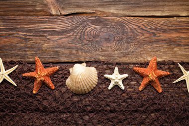 Balık ağı, deniz yıldızı ve ahşap duvar arka plan üzerinde kabuk kahverengi