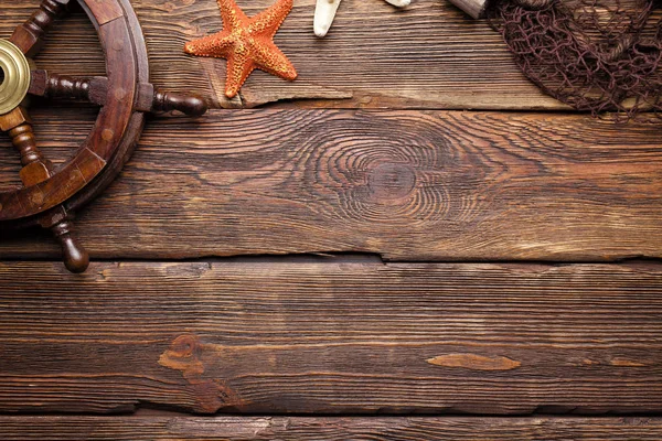 Marine Symbols Background Ship Steering Wheel Starfish Ans Fishing Net — Stock Photo, Image