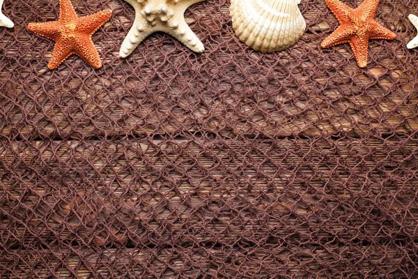 贝壳和海星在褐色捕鱼网和木背景 — 图库照片