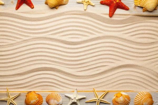 Conchiglie Stelle Marine Tavole Legno Sabbia Spiaggia — Foto Stock