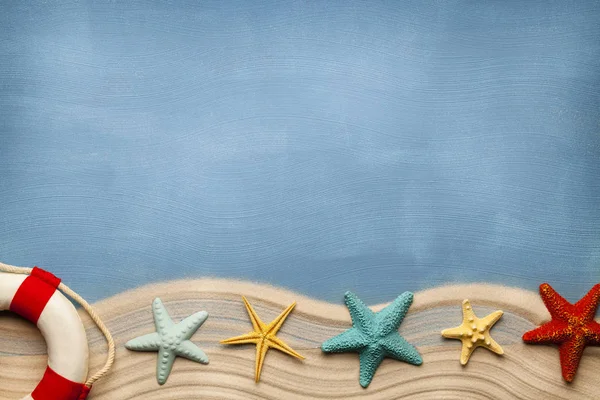 Summertime Background Lifebuoy Beach Sand Seashells Blue Table — Stock Photo, Image