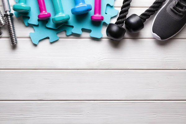 Fondo Deportivo Equipamiento Fitness Sobre Tabla Madera — Foto de Stock