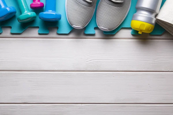 Symbols Metaphors Sport Fitness Equipment White Wooden Background — Stock Photo, Image