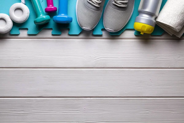 Fitness Symbols Sport Equipment Wooden Background — Stock Photo, Image