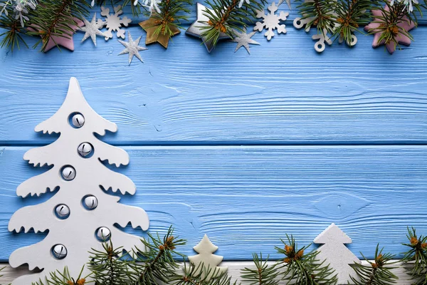 Christmas Background Christmas Tree Spruce Stars Snowflakes Blue Wooden Background — Stock Photo, Image