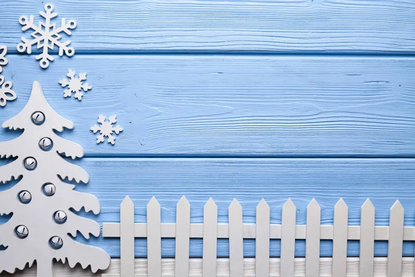 Karácsonyi Háttér Karácsony Hópelyhek Kék Tábla Kerítés — Stock Fotó